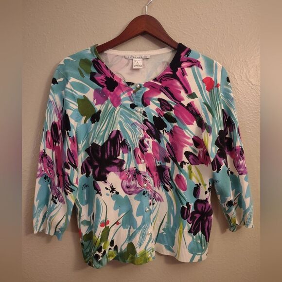 Peter Nygard Floral Print Pearl Button Cardigan - Picture 1 of 13